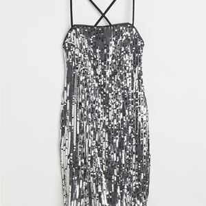 H&M Silver Sequin Strapless Fringe Midi Dress